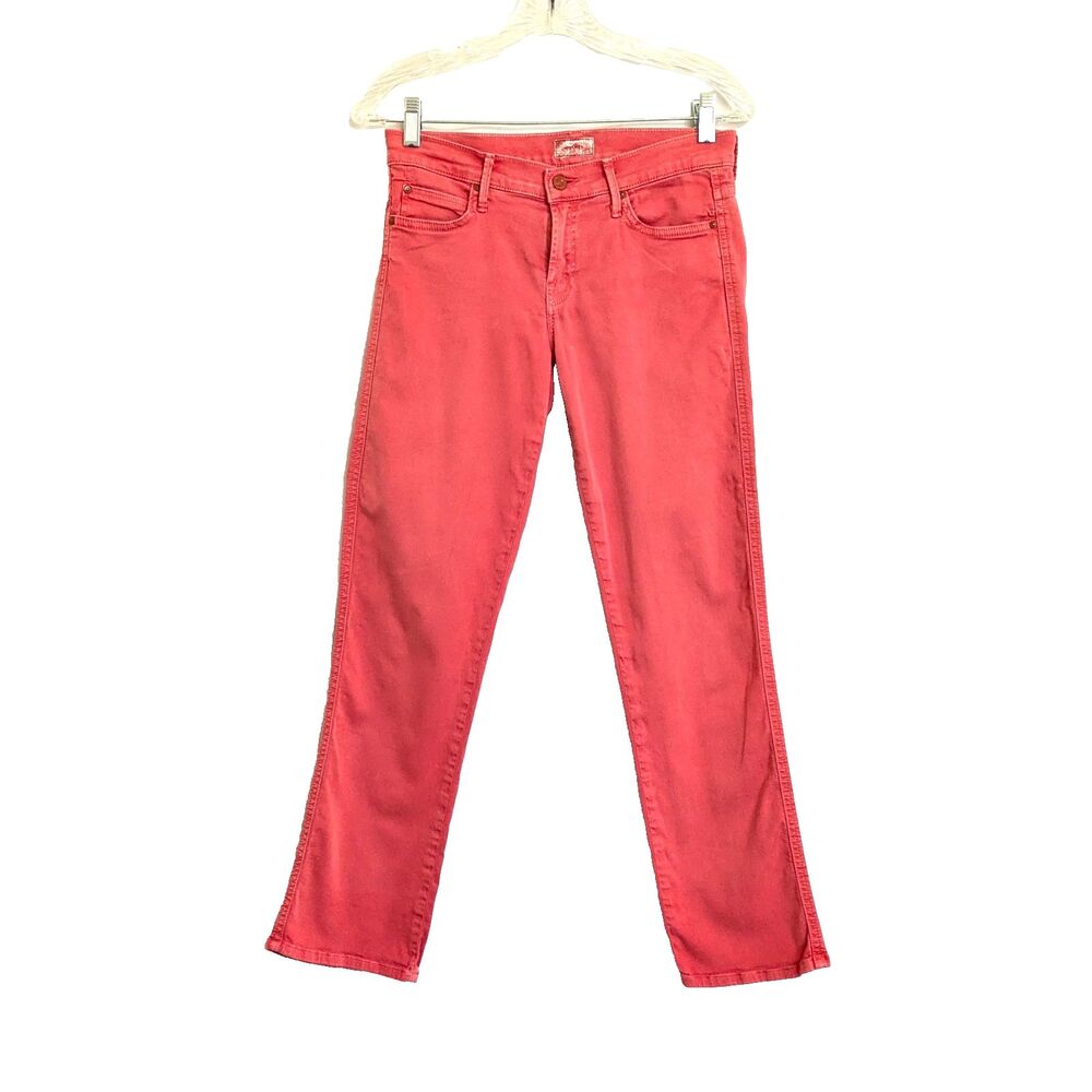 MOTHER The Rascal Cuff Jeans Rambutan Red Pink Coral Straight Leg Stretch 27